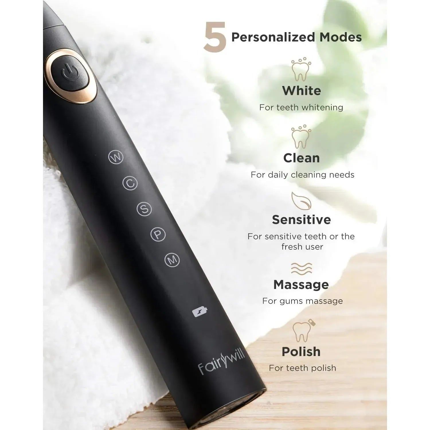 Fairywill Electric Toothbrushes for Adults Kids 5 Modes Smart Timer Rechargeable Whitening Sonic Toothbrush with 8 Brush Heads
