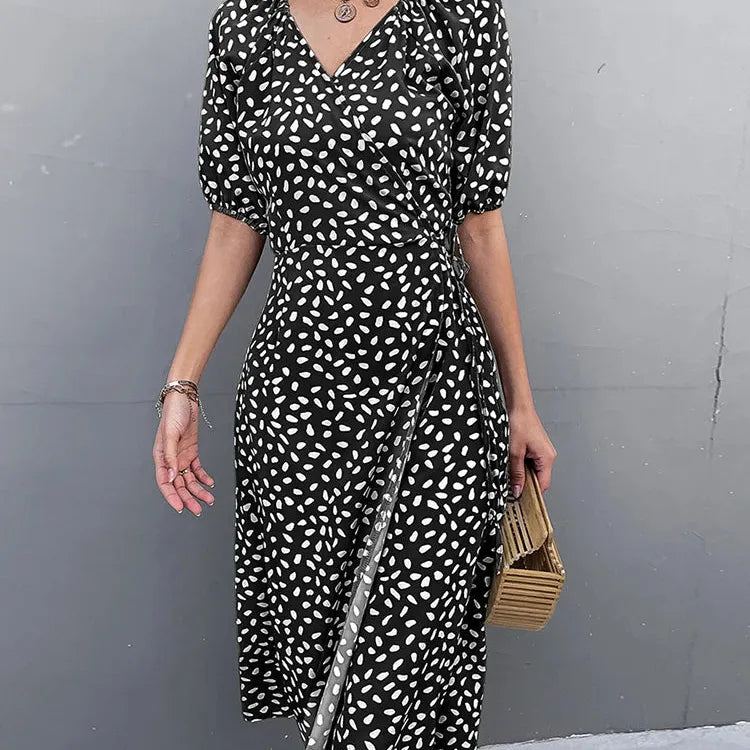 Casual Women Chiffon Dress V Neck Side Wrap Midi Dress Summer Polka Dot Dress Female Puff Sleeve Boho Fashion A-line Split Dress