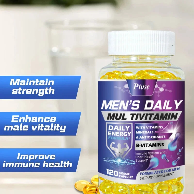 Men's multivitamin supplement with vitamins A, B12, C, D and E
