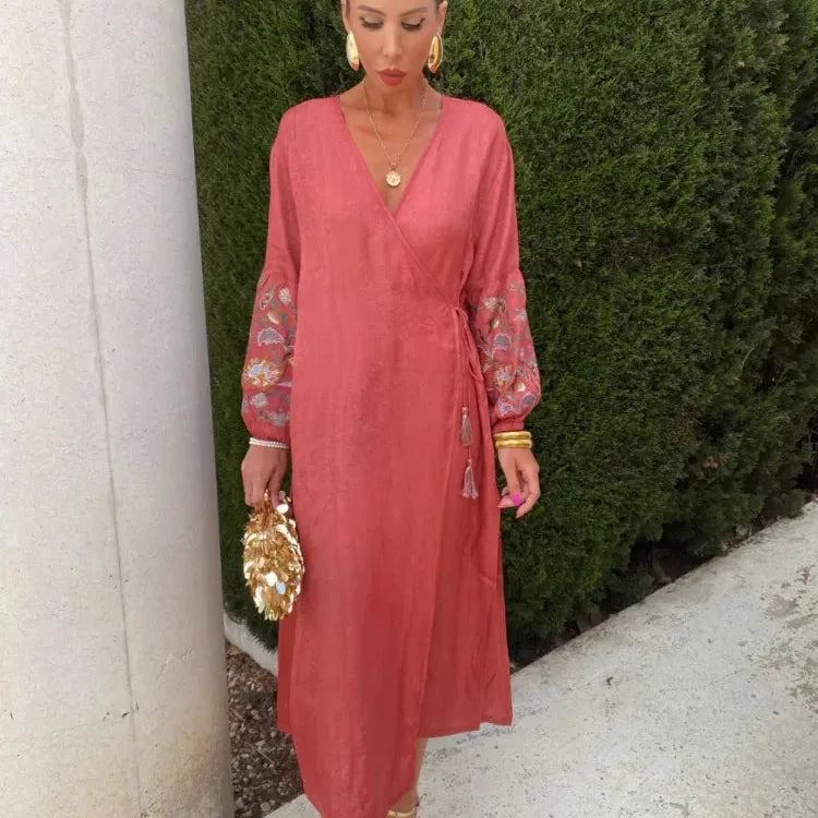2024 Women Plus Size Holiday Long Dress Elegant V Neck  Lantern Embroidery Sleeves Lace Up Vestidos Summer Lady Beach party Robe