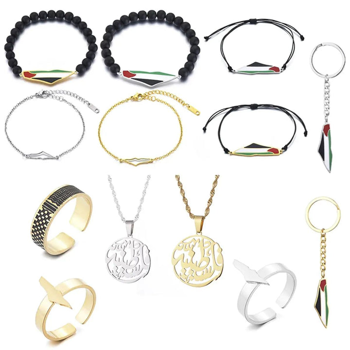 Palestine in Arabic Map With Flag Pendants Necklaces Keychain Bracelet Ring Jewelry Chains
