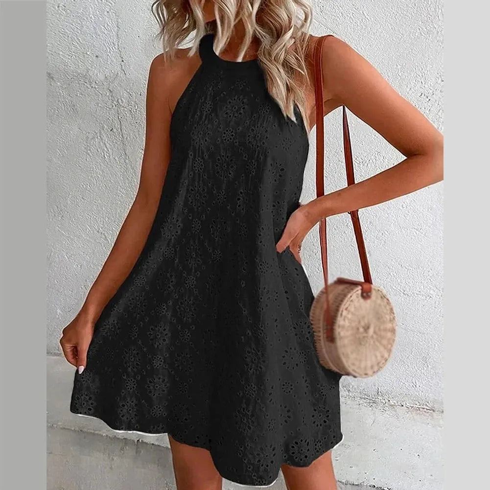 Women's Sleeveless Dress Hanging Neck Casual Ladies lace All-match All-match Solid color Beach Spring Summer