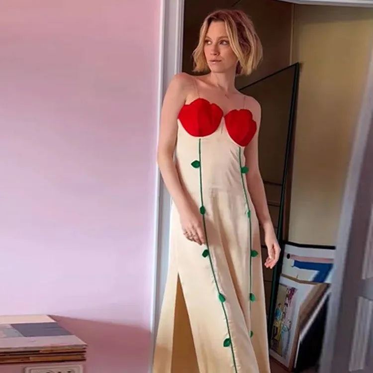 Women Sexy Flower Printed Spaghetti Strap Dress Elegant Backless Sleeveless Splited Robes 2024 Lady Evening Party Dresses