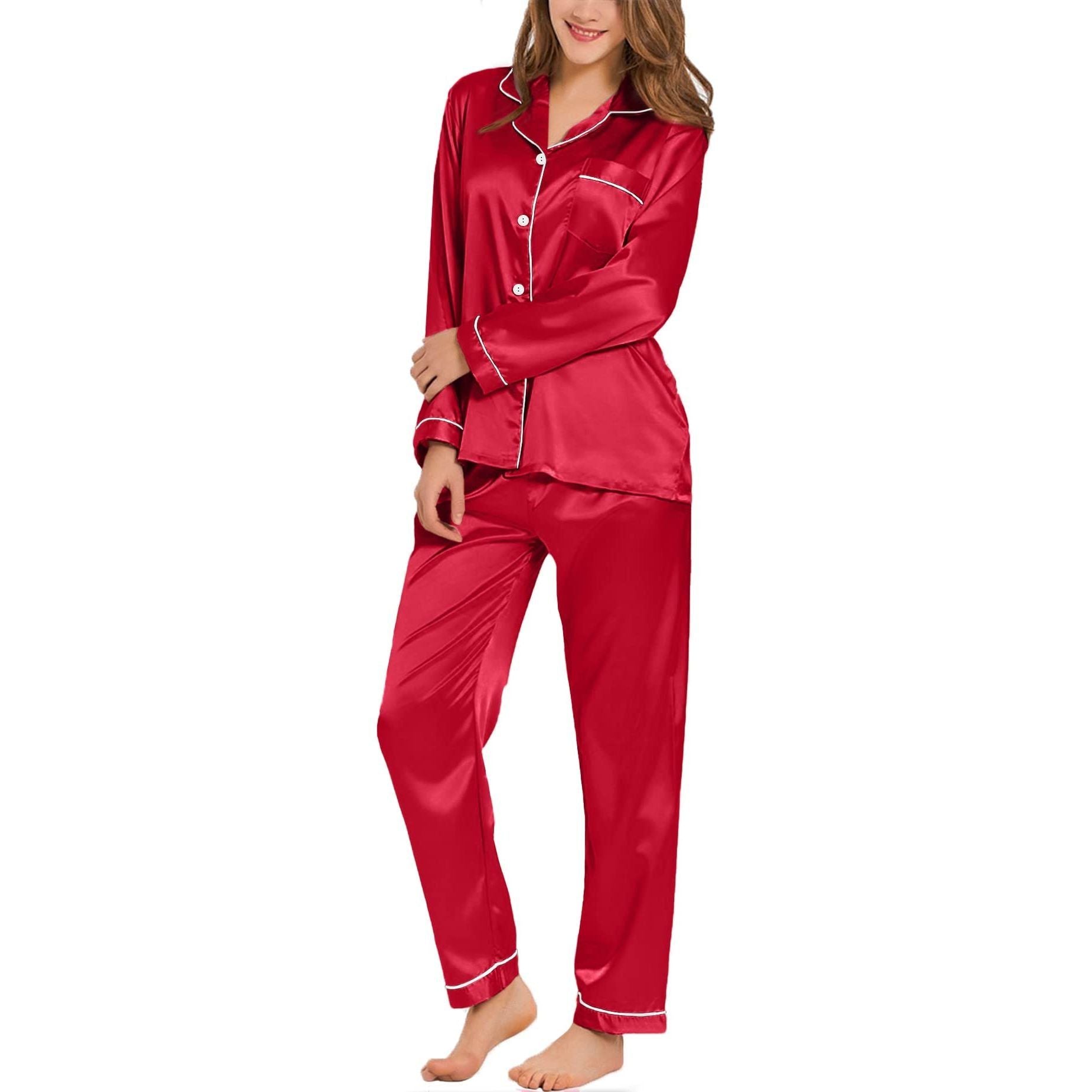 Womens Silk Satin Pajamas Loungewear Two-piece Sleepwear Button-Down Full Sleeve Long Pj Set - Jointcorp