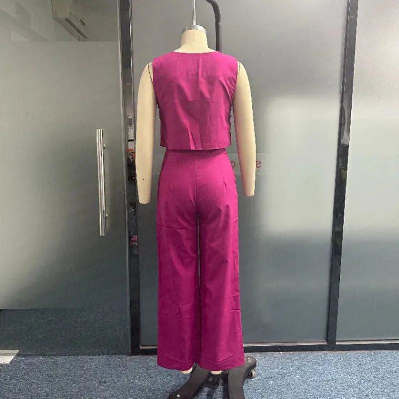 Women Two Piece Set Summer Casual Crew Solid Sleeveless Button Vest Top Loose With Pockets Pants Sets High Streetwear
