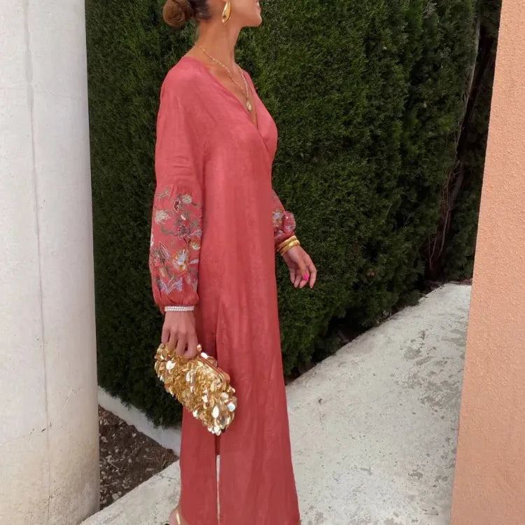 2024 Women Plus Size Holiday Long Dress Elegant V Neck  Lantern Embroidery Sleeves Lace Up Vestidos Summer Lady Beach party Robe