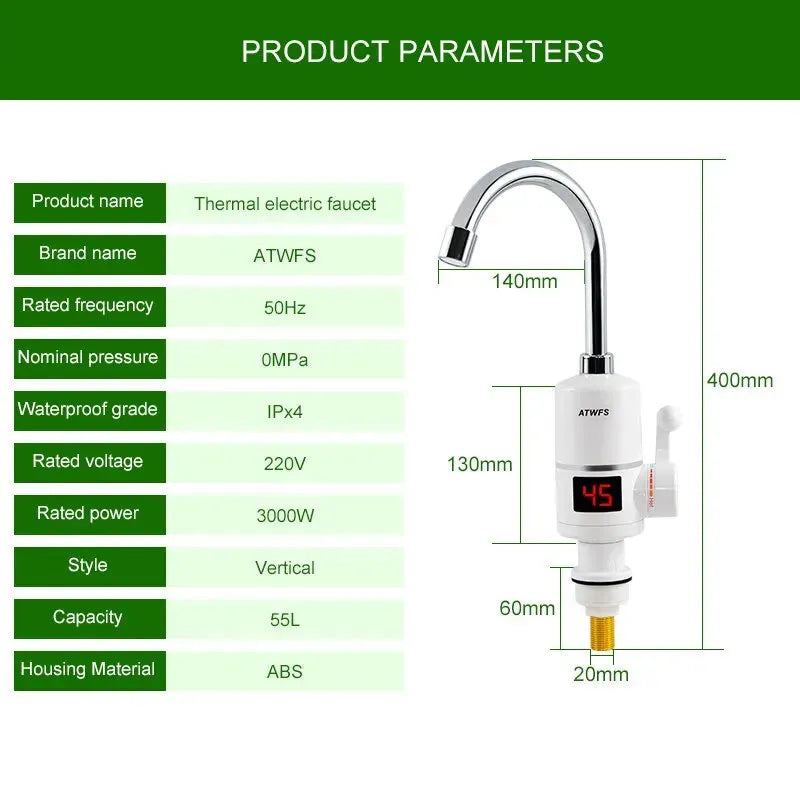 ATWFS Instant Hot Water Heater Tap Fast Instantaneous Thermostat for Water Heater 3000w Electrical Faucet Temperature Display