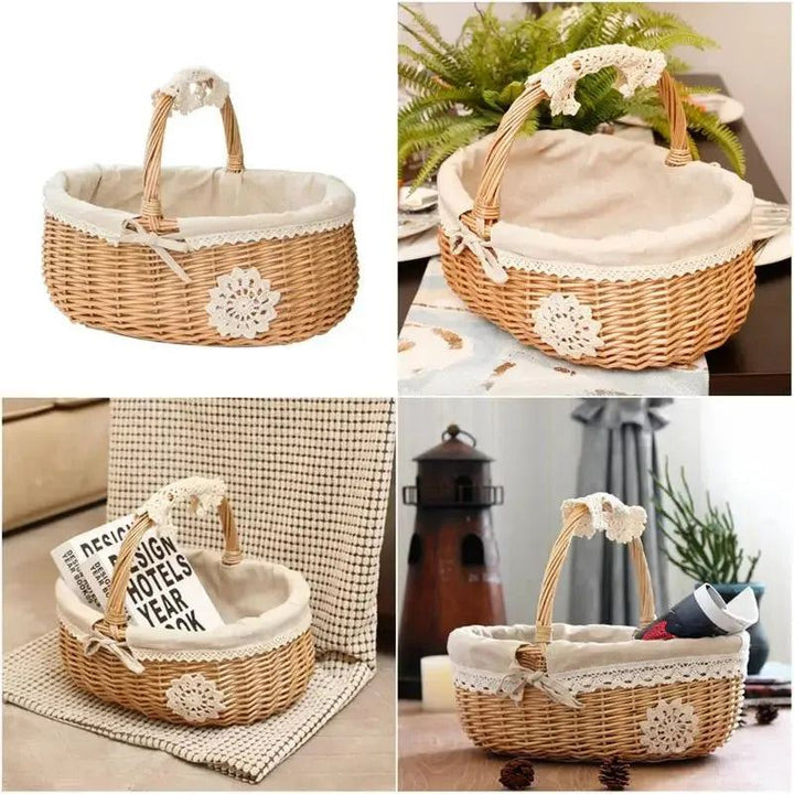 Rattan Picnic Basket Seaweed Wicker Rattan Hanging Flower Hand Woven Serving Basket With Handle Picnic Fruit Flower Basket
