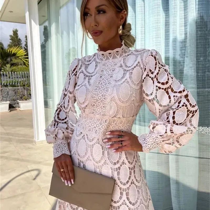 Women Fashion Dress Long Sleeved Lace Splicing Crochet embroidery Solid Color Hollowed out A Ling Long Dress