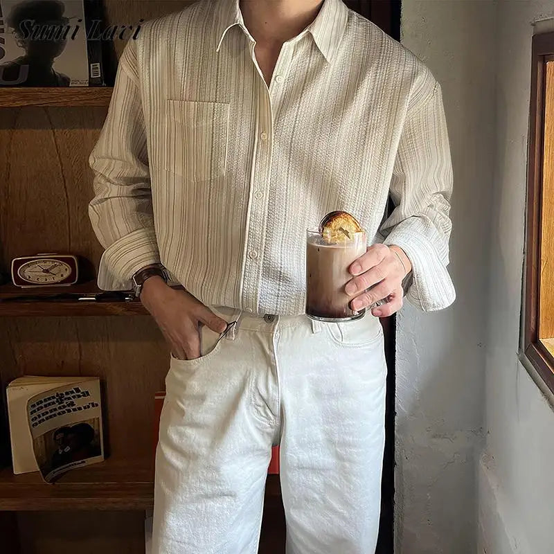 Vintage Striped Textured Mens Shirts Long Sleeve Button-up Turn-down Collar Casual Shirt 2025 Spring Autumn Trendy Slim Cardigan