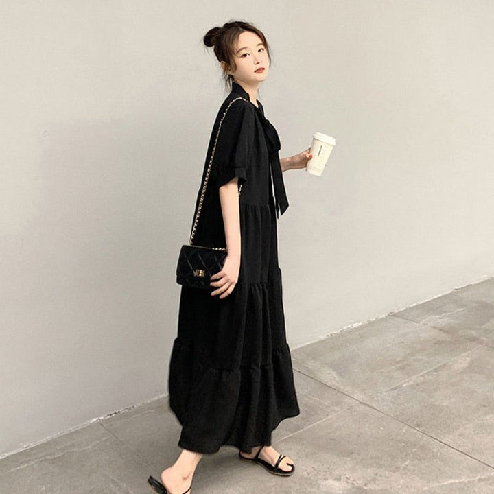 Summer New Solid Pleated Lacing Long Dress Bow Short Sleeve Loose Plus Size Casual Dresses Simplicity Fashion Women Clothing - Jointcorp