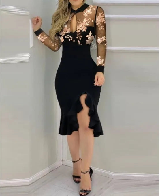 Sexy Mesh Ruffle Dress Long Sleeve Long Dress Europe and America Fashion Wedding Guest Embroidered Sequin Elegant Party Dresses