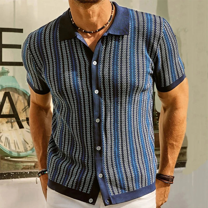 Streetwear Mens Knitwear Summer Short-sleeved Buttoned Lapel Casual Knit Shirt Men Cardigan Tops Vintage Jacquard Striped Shirts