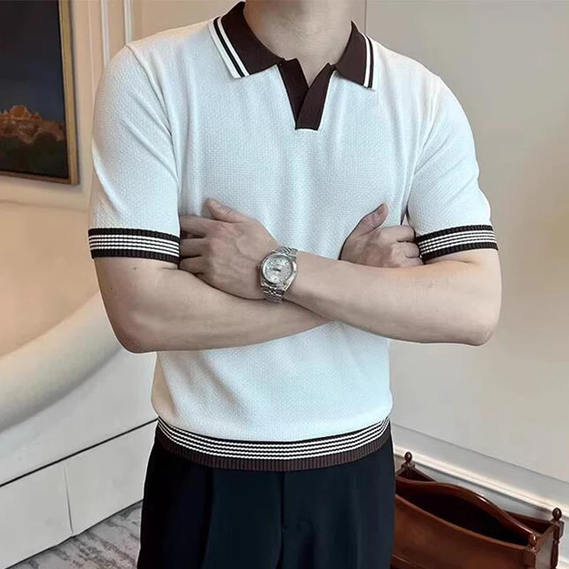 2024 Summer New Casual Slim Knit Polo Shirt Men Fashion Patchwork Lapel Knitted Tops For Mens Vintage Short Sleeve Pullover Tees