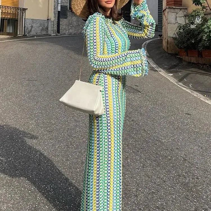 Women Elegant Contrast Stripe Backless Maxi Dress Female Casual O Neck Flare Long Sleeve Vestidos Lady Sexy Vacation Party Robe