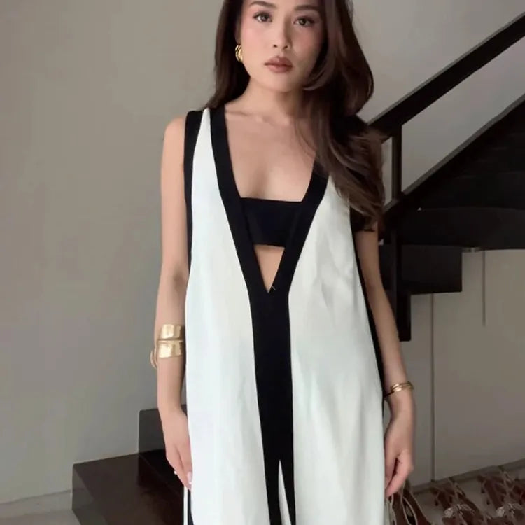 Holiday Elegant Knitted Long Dress Women Sexy Deep V Neck Sleeveless Patchwork Robe 2024 Summer Lady Evening Party Vestidos