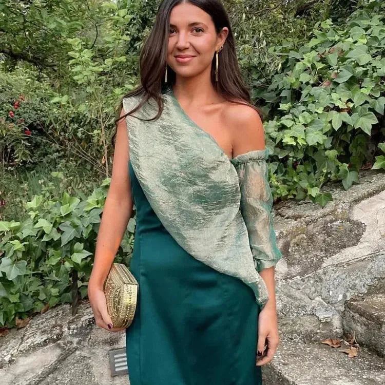 Women Elegant Green Mesh Long Dress Sexy Off Shoulder Patchwork Backless Prom Robes 2024 Summer Chic Lady Evening Vestidos