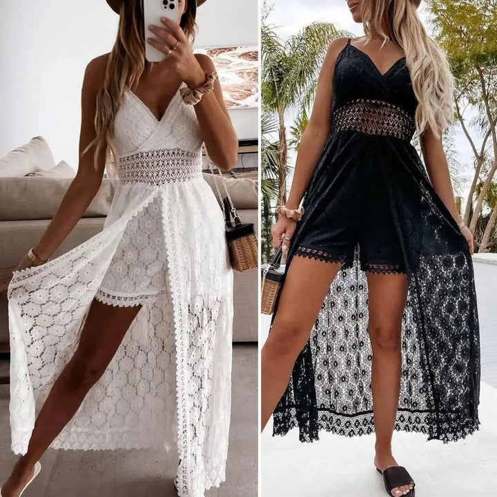 Summer Popular  Long Dress White Women Jumpsuit Sexy Shorts Playsuit Lace Hollow-Out Sleeveless for Vacation High Waist Rompers