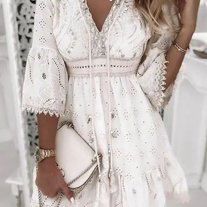 Women Elegant White Hollow Lace Mini Dress Summer V-neck Patchwork Lace Up Three Quarter Sleeve Ladies Vacation Beach Dresses