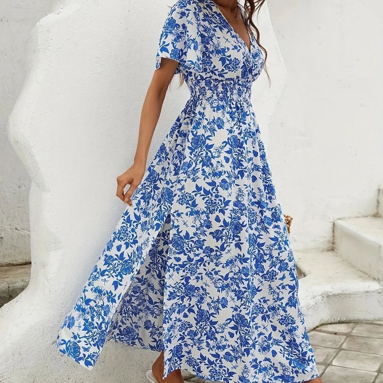 In stock 2024 women's bohemian printed sexy V-neck short sleeved dress