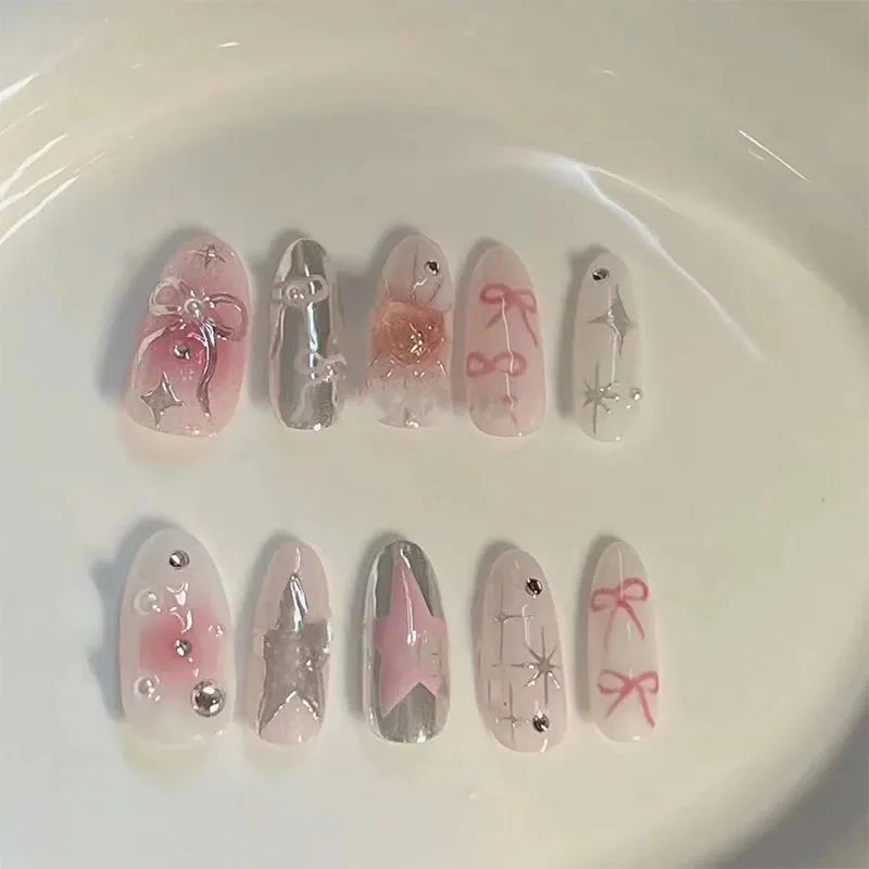 Pink Handmade Press on Nails Full Cover Bow Tie French Wearable Fake Nails 5D Embossed Nail Art Supplies Slider Accessories ﻿