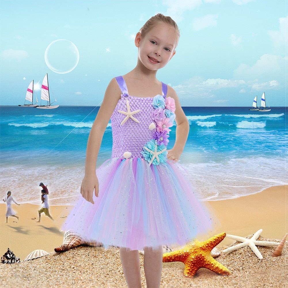 Girls Pastel Ariel Mermaid Tutu Dress Under the Sea Theme Birthday Party Costume with Flower Headband Ocean Flower Dresses 1-12Y