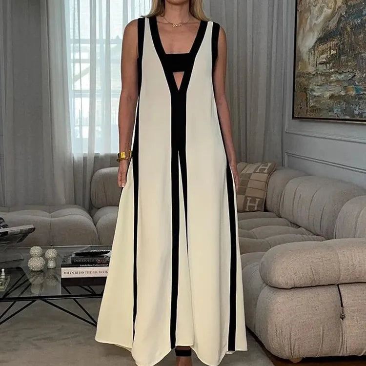 Holiday Elegant Knitted Long Dress Women Sexy Deep V Neck Sleeveless Patchwork Robe 2024 Summer Lady Evening Party Vestidos