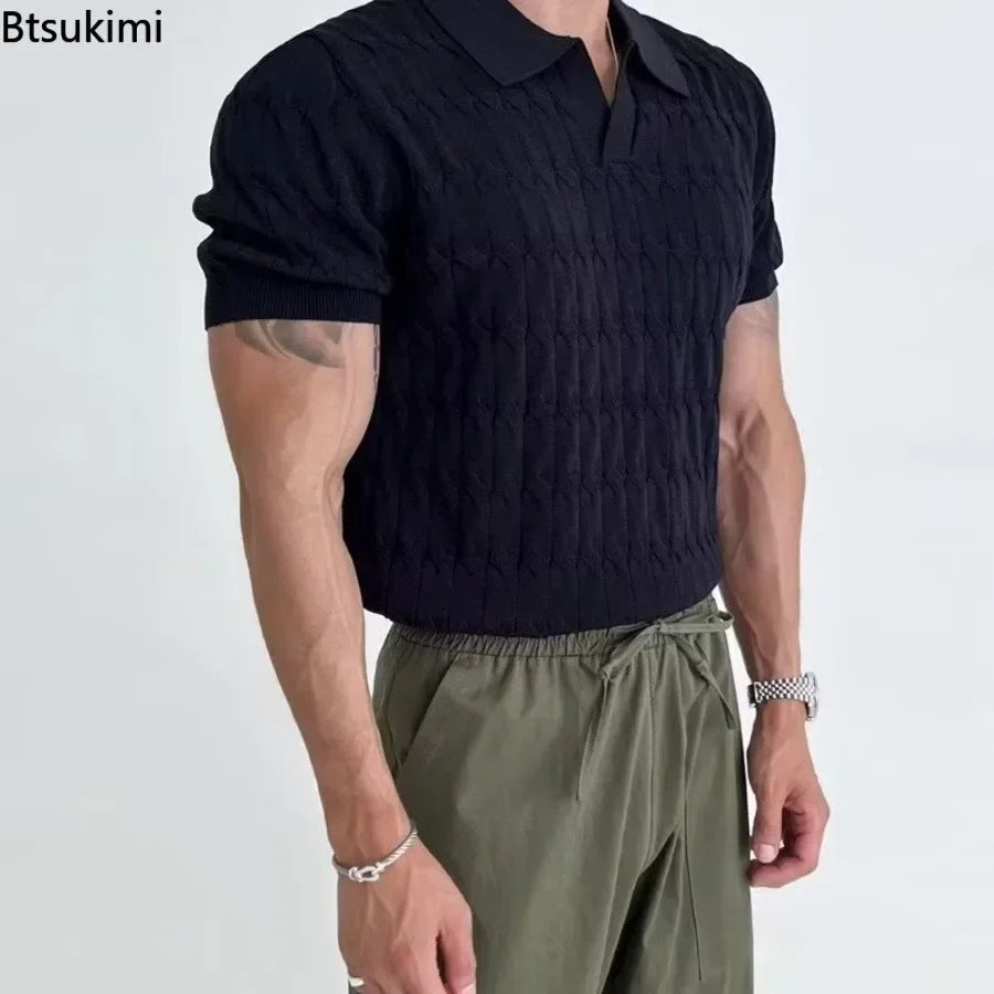 Summer Men's Jacquard Knitted Polo Shirts Stylish V-neck Short-sleeved Lapel Knit Pullover Tops Men Business Casual Wear T-shirt