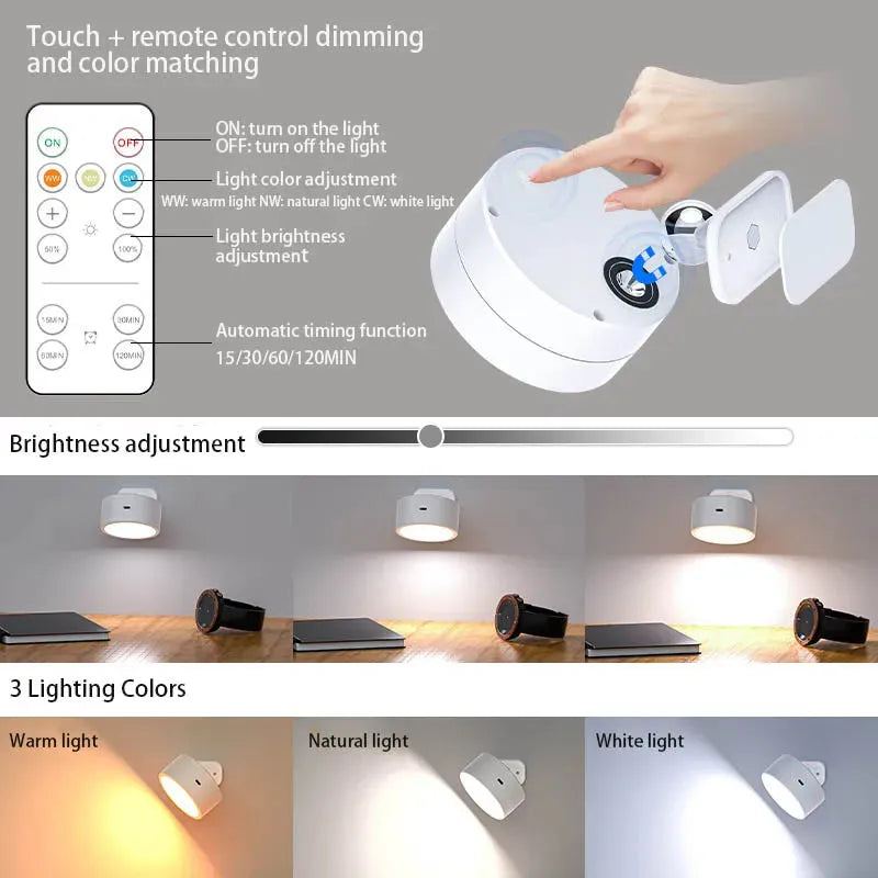 Magnetic LED Wall Light Rechargeable Reading Lights 360° Rotation Touch Remote Control Cabinet Spotlight Night Lamp