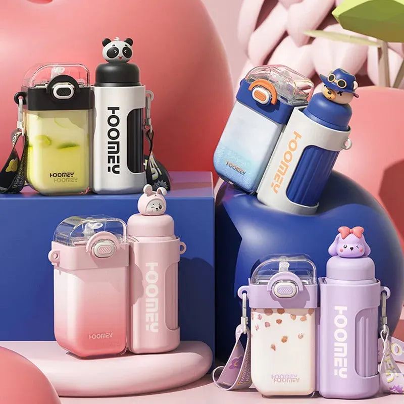 Children's Insulated Cup Straw Water Cup Girl's High Beauty Stainless Steel Plastic Cute School Dedicated Double Drinking Cup