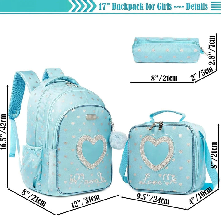 School Bags 3 in 1 Kids Bags for Girls Cute Love Kawaii School Bag Childrens School Backpack Waterproof Lunch Bag Pencil Case