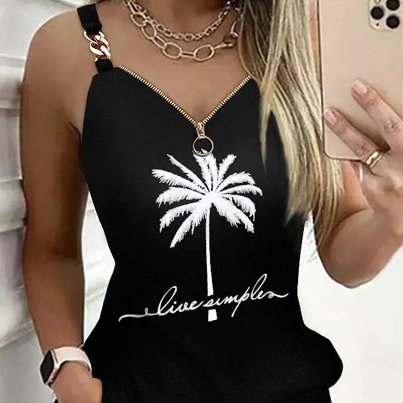 Women's Dresses Summer Fashion Coconut Tree Print Chain Decor Casual V-Neck Sleeveless Mini Straight Dress DF4985