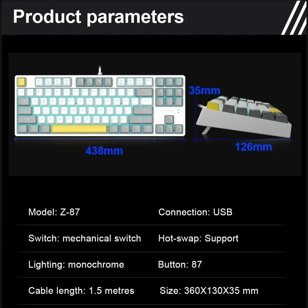 E-YOOSO Z87 USB Mechanical Gaming Wired Keyboard Red Blue Switch Monochrome LED Backlit 87 Key Gamer for Computer Laptop
