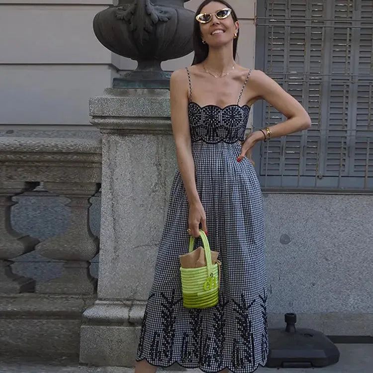 Chic Plaid Print Backless Hollow Out Strap Dress Women Sexy Sleeveless Bodycon Dresses 2024 Lady Vocation Party Vestidos