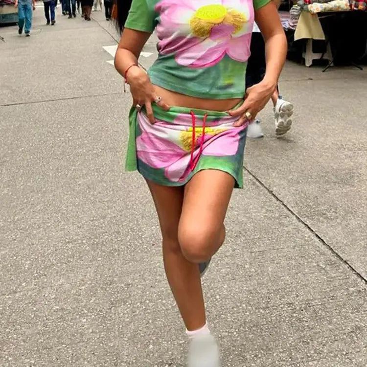 Women Fashion Print 2 Piece Skirt Sets Chic O Neck Half Sleeve T-shirt Sports New In Matching Sets Lady Summer Y2k Street Outfit