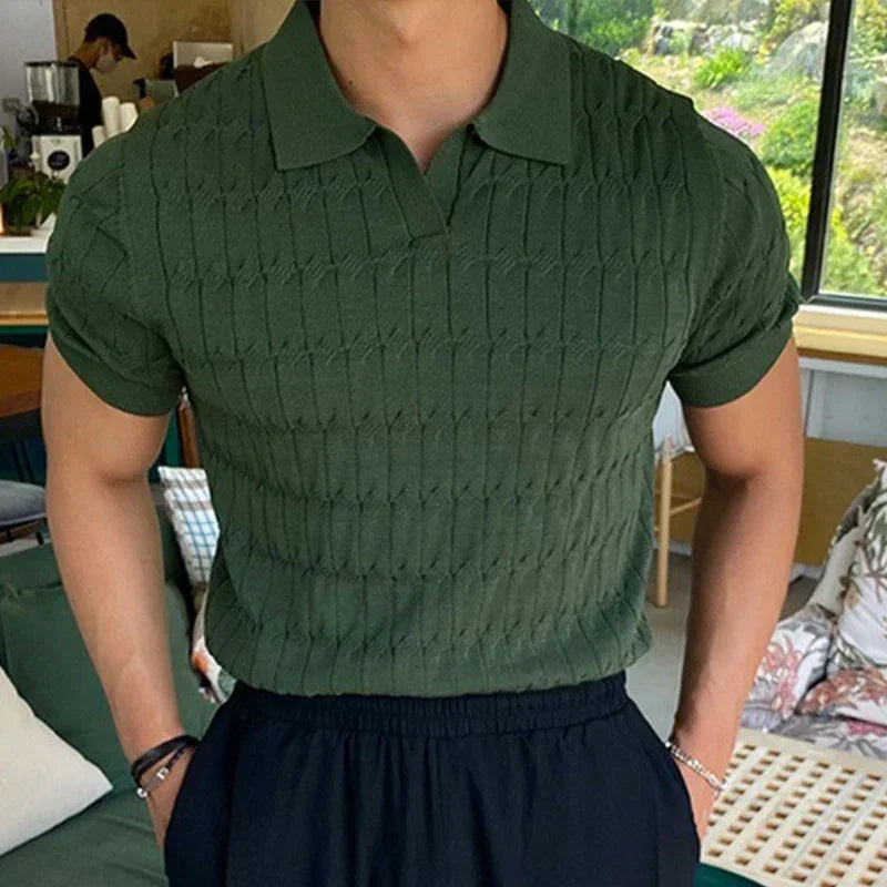 Luxury Summer Solid Casual Polo Shirts Men Sexy Slim Fit V-Neck Knitted Tops Men's Jacquard Short Sleeve Shirts Leisure Knitwear