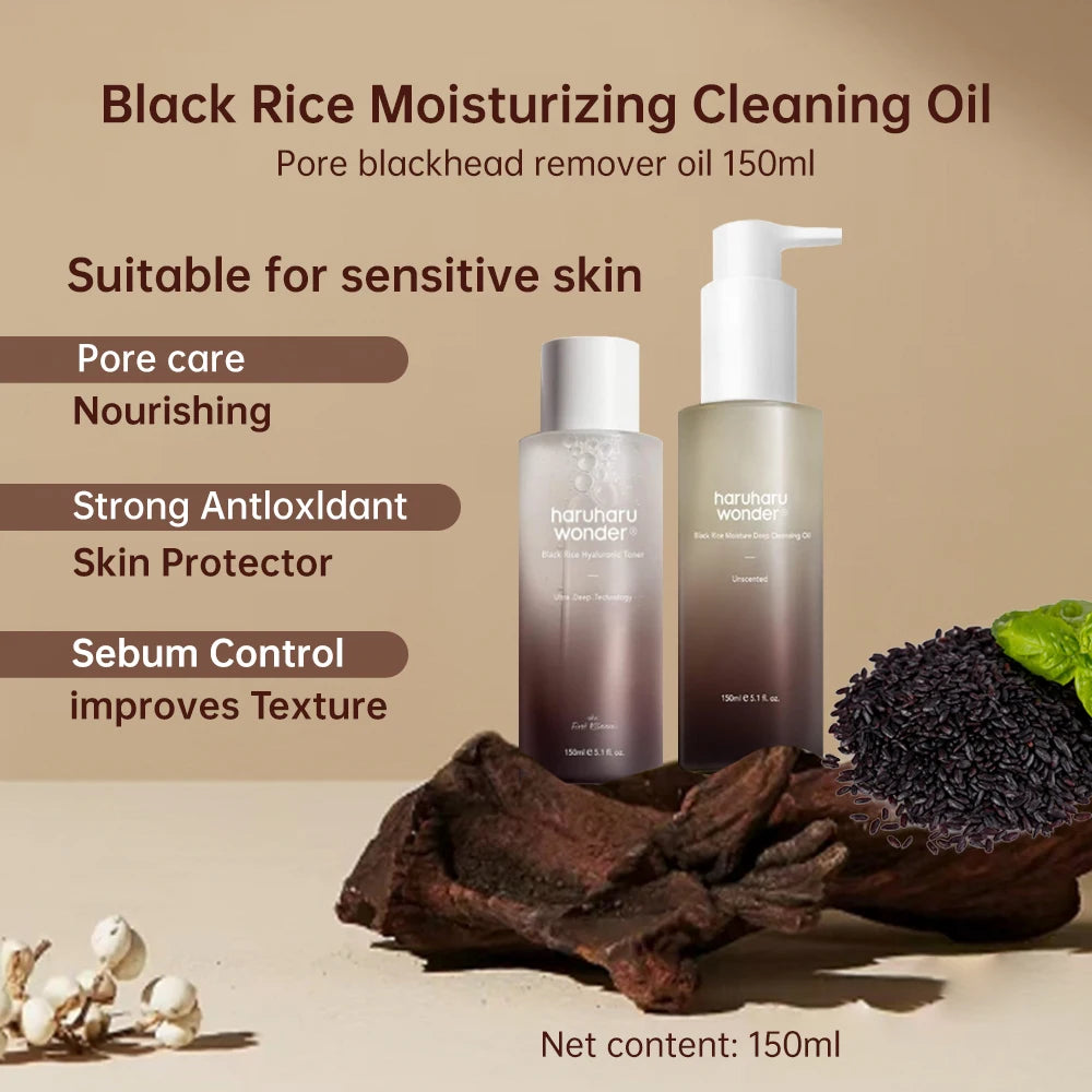 Korean Skin Care Sets Haruharu Wonder Hyaluronic Acid Black Rice Toner Pore Blackhead Makeup Cleansing Oil 150ml Face Care Sets
