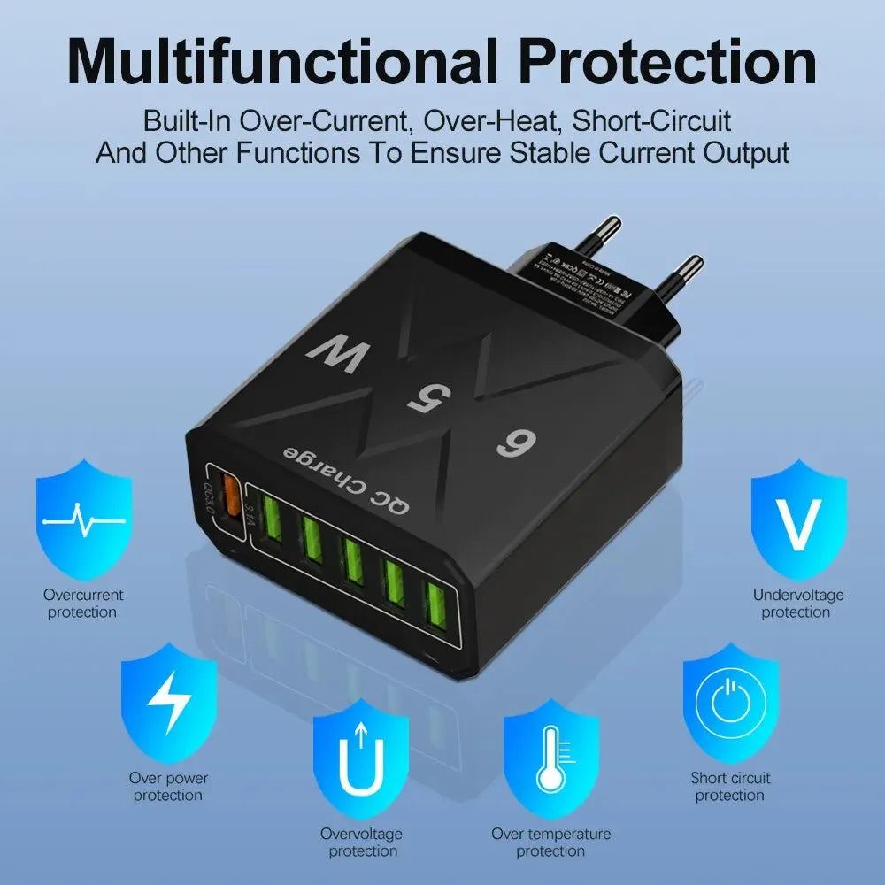 3.1A USB Fast Phone Charger Adapter 6 In1 Mulit Plug Travel Charger For iPhone 13 12 Samsung Xiaomi QC3.0 Quick Charger
