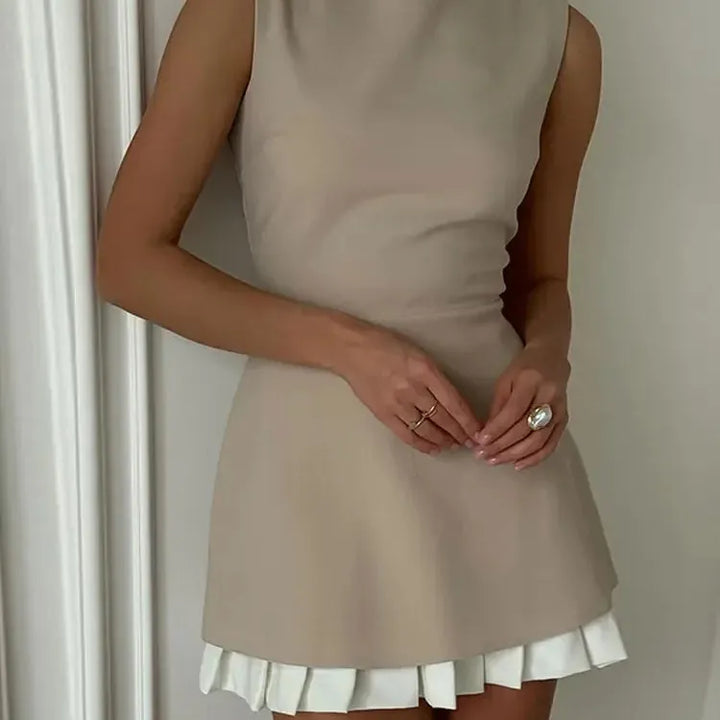 Women Elegant Mini Pleated Dress Suit Fashion O-neck Sleeveless Slim Patchwork Dresses Summer Lady New Chic High Street Robes