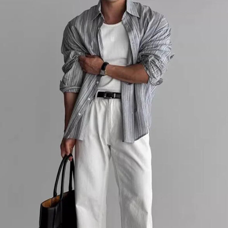 Vintage Mens Striped Printed Shirt Long Sleeve Turn-down Collar Buttoned Shirts Autumn New Casual Slim Fit Men Cardigan Shirts