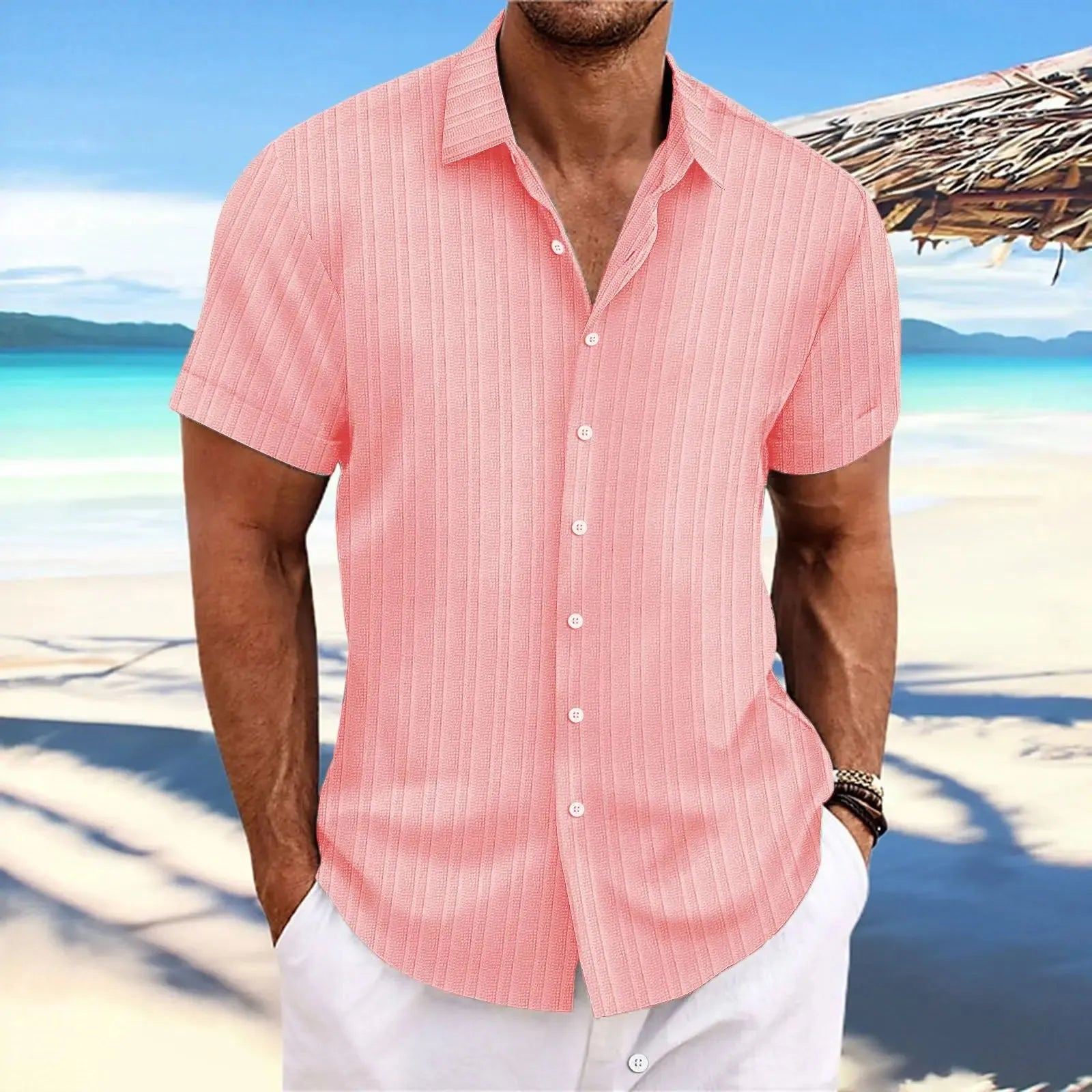 2023 Cross-border explosive Amazon Express men's linen striped jacquard casual fashion loose short-sleeved shirt