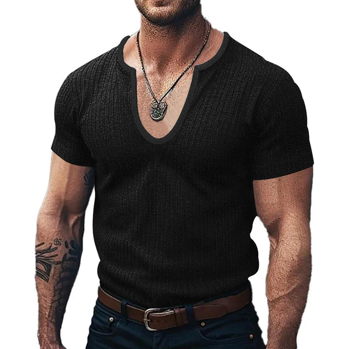 Fashion Solid Color Mens Knit T Shirt 2024 Summer New Casual Short Sleeve V Neck Jumper Tops Men Vintage Ribbed Knitted T-shirt