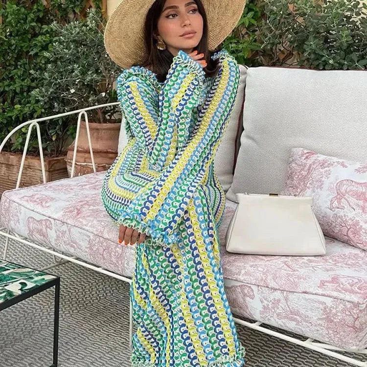 Women Elegant Contrast Stripe Backless Maxi Dress Female Casual O Neck Flare Long Sleeve Vestidos Lady Sexy Vacation Party Robe