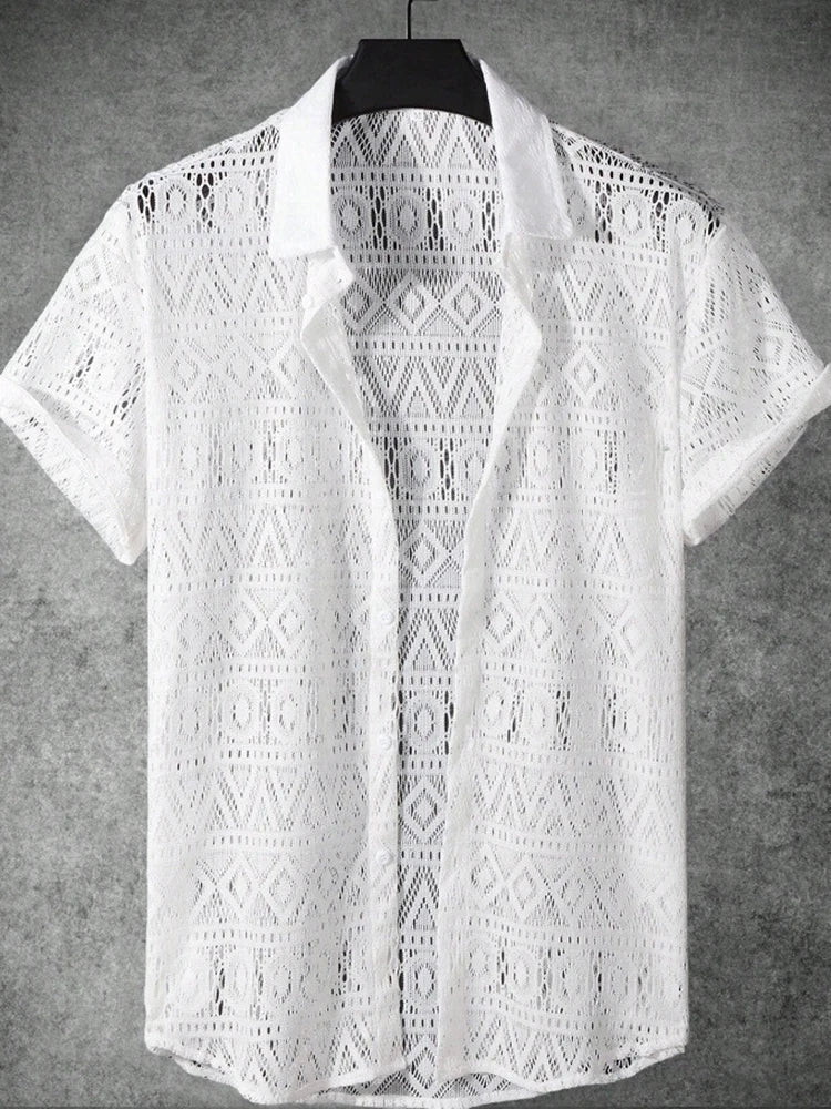 Summer Casual Mens Mesh Lace Shirts Beach Vacation Leisure Breathable Hollow Out Shirt For Men Fashion Lapel Short Sleeve Shirts