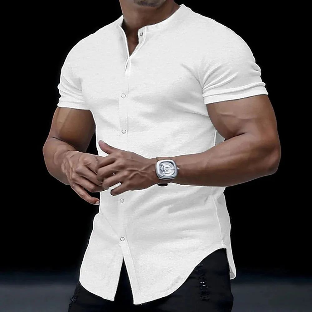 Quality Diamond Men Short Sleeve Shirt Button White Formal Solid Plaids Dress Shirts Turn Down Slim Fit Casual Camisa Masculina
