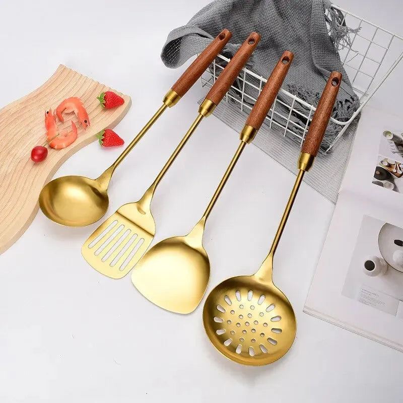 4pcs/set Stainless Steel Cookware Set Kitchen Accessories Titanium Plating Kitchen Four-Piece Set Cooking Utensils Gold Black