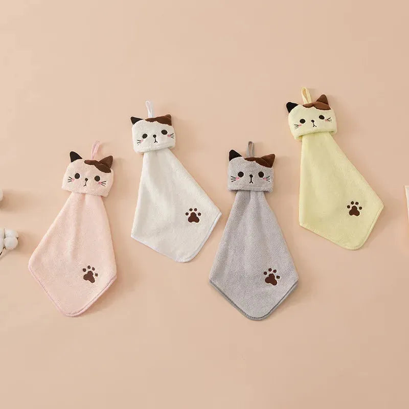 Coral Velvet Pocket Cat Embroidered Hand Towel Bathroom Hanging Absorbent Towel Kitchen Bathroom Square Towel