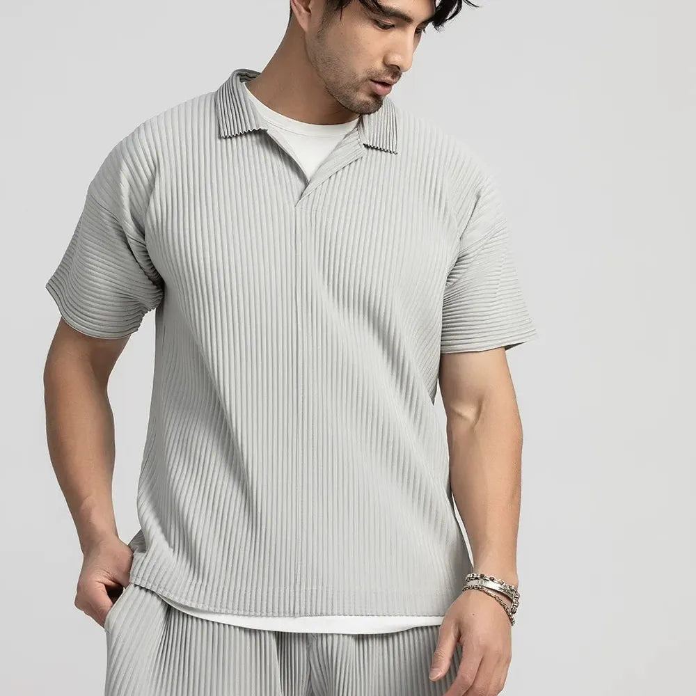 Miyake Pleated Men Polo Shirt Short-sleeved Lapel T Shirt Breathable Loose Casual Plain Top Miyake Men