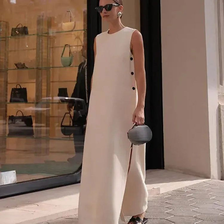 Fashion Solid Sleeveless Button Split Dress Women Elegant Round Neck Loose Long Dresses 2024 Summer New Lady High Street Robes