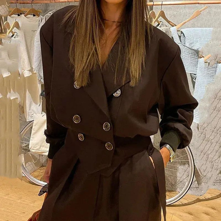 Women Blazer 2 Piece Suit Autumn Fashion Solid Long Sleeve Laple Double Breasted Button Top Loose Midi Pants Sets